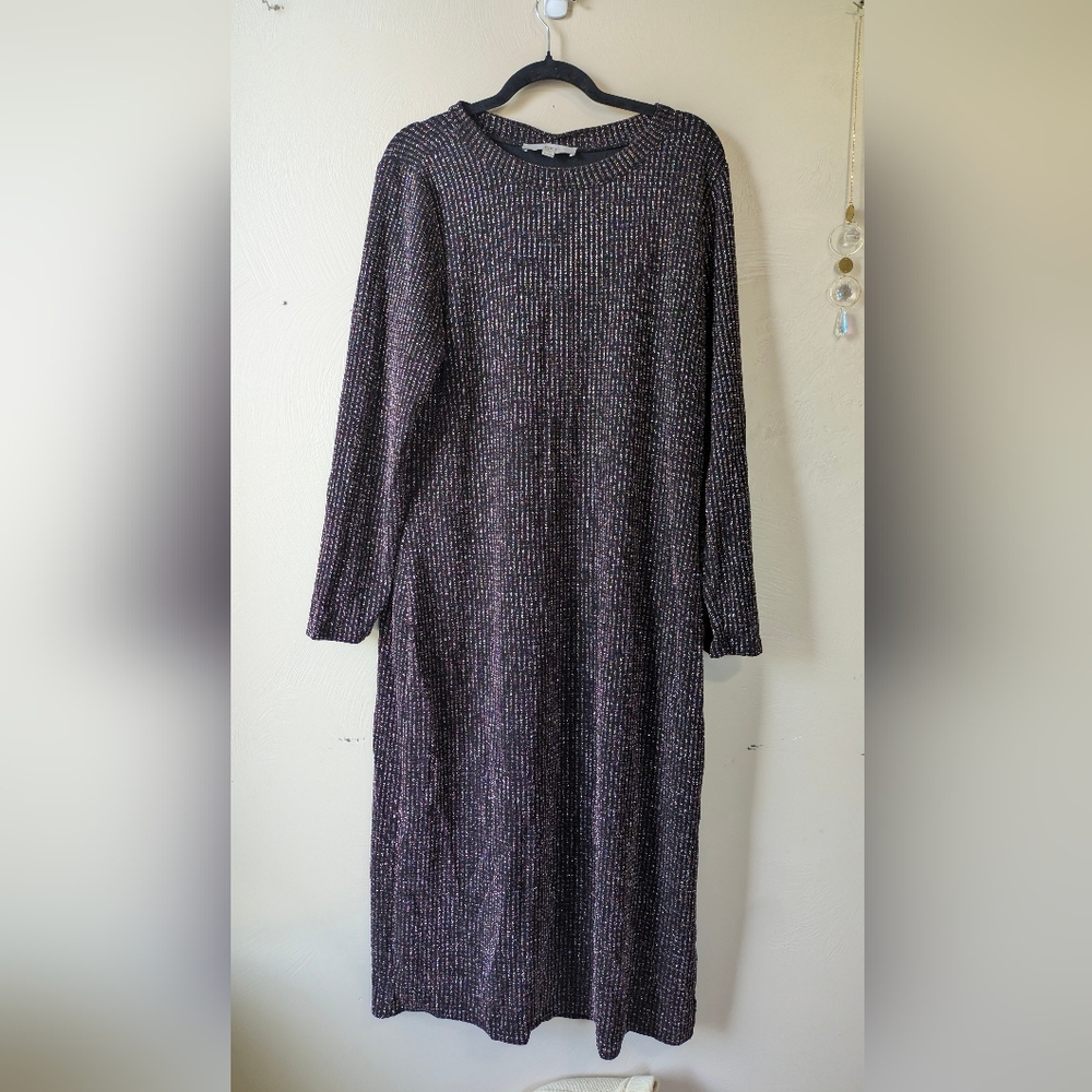 LOFT Shimmer Black Metallic Midi Dress, Long Sleeve, Size XL - Picture 6 of 11